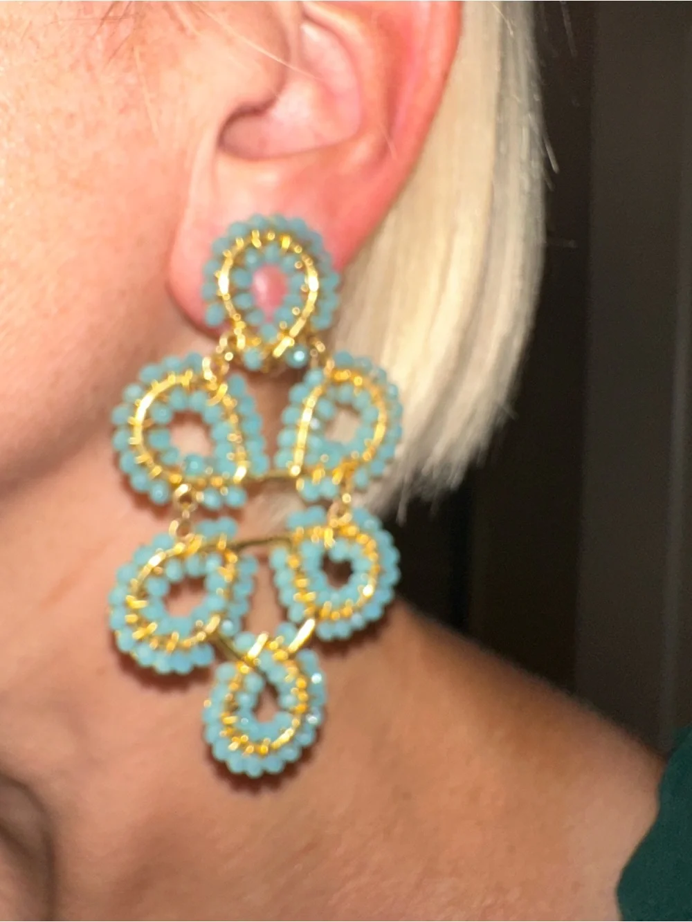 Lisi Lerch Gold and Aqua Beaded Statement Drop Earrings - Aqua CLIP ON - Picture 5 of 5